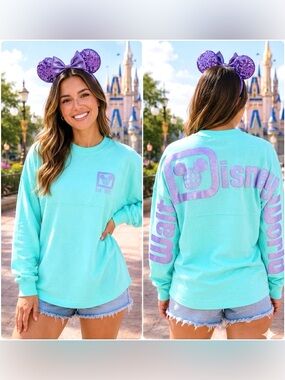 NWT Walt Disney World Spirit Jersey Seafoam Green Lavender Glitter Puff Print S